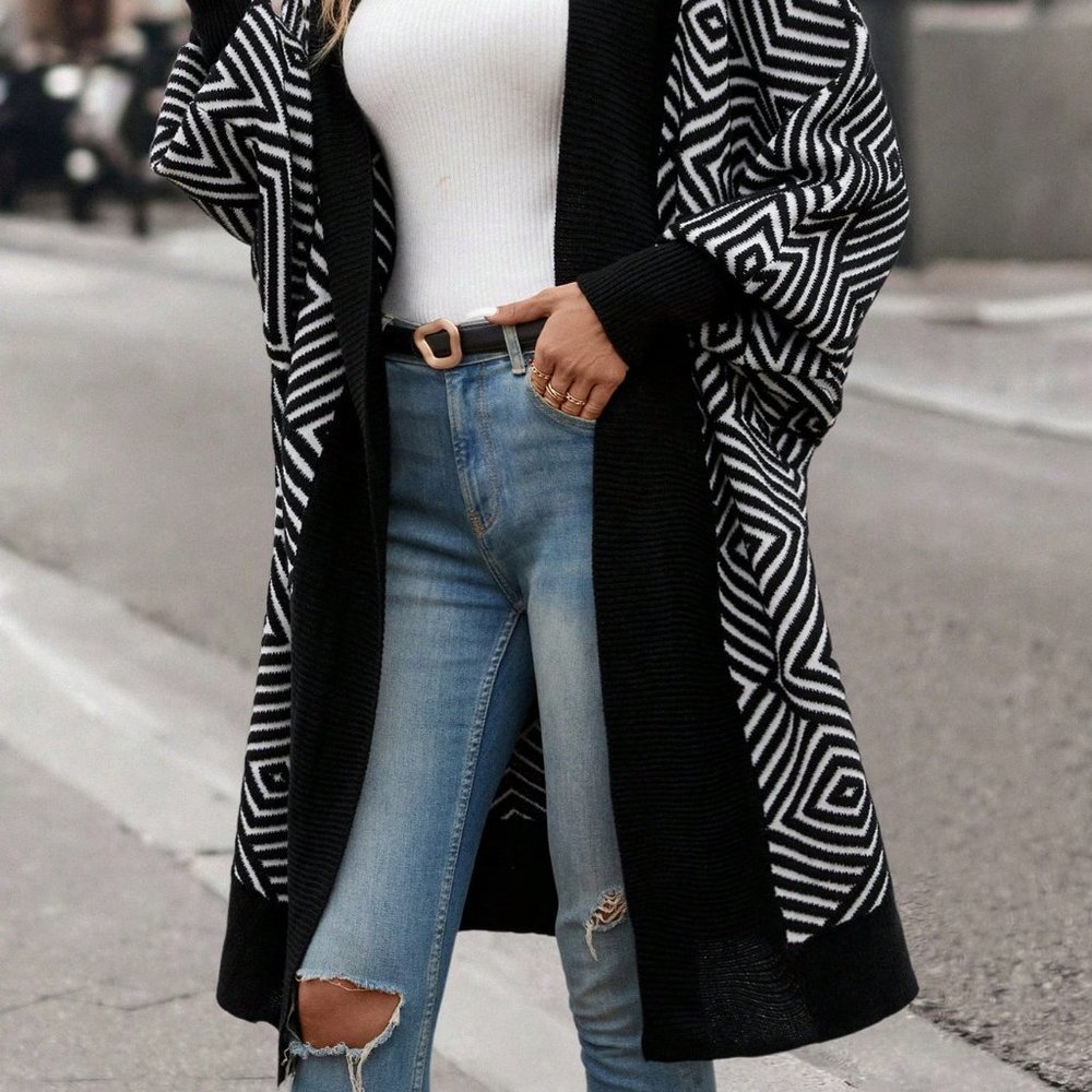 Black Casual Womens Geo Pattern Lantern Sleeve Duster Cardigan - Picture 3 of 6